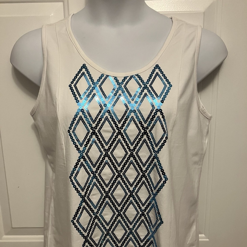 Bob Mackie Women's Shirt Sz Large  White Sleeveless T Shirt Sequins Art To Wear